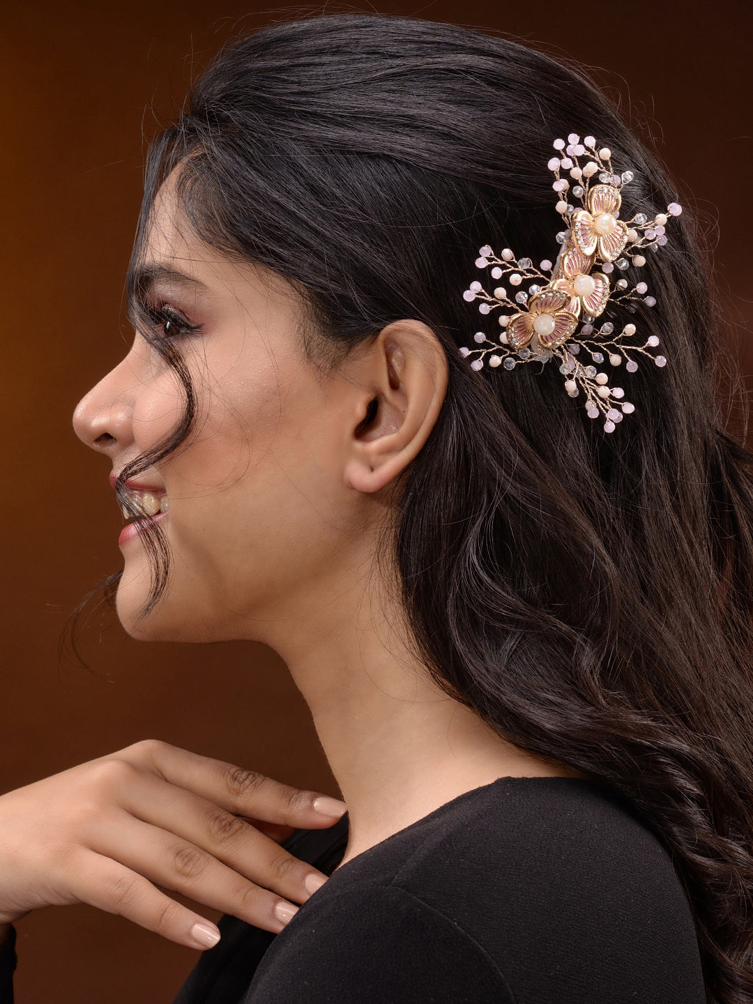 Gold Toned Pink AD Embellished Bridal Comb Pin